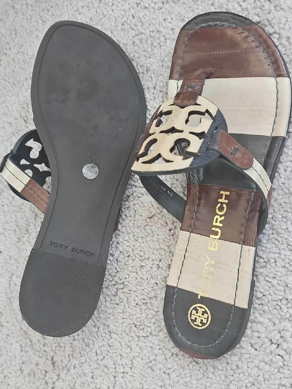 Tory Burch Brown and Cream Logo Leather Sandals